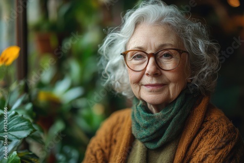 Elegant Portrait of a Senior Woman Surrounded by Lush Indoor Plants in a Cozy Home Setting