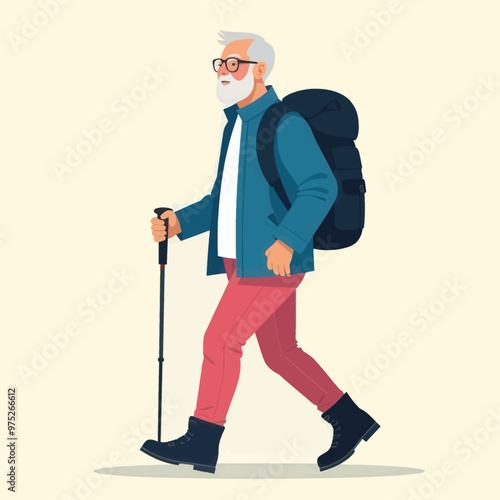 Elderly man with cane and backpack, walking