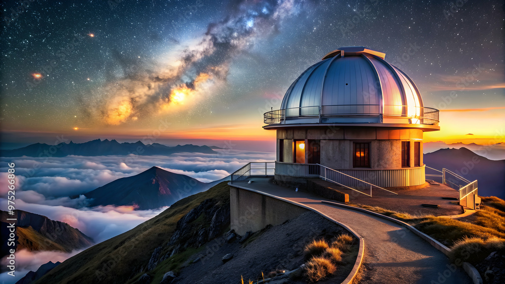 Celestial observatory atop a mountain peak with glowing domed roof, ideal for stargazing and dreaming Celestial observatory atop a mountain peak with glowing domed roof, ideal for stargazing and dreaming