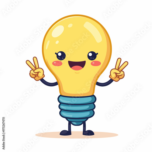 Cheerful Lightbulb Character with Peace Signs, Positive Vibe