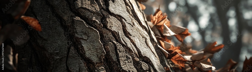 Close-up view of a textured tree bark with autumn leaves adding a natural touch to the serene forest scene. Close-up view of a textured tree bark with autumn leaves adding a natural touch to the serene forest scene.