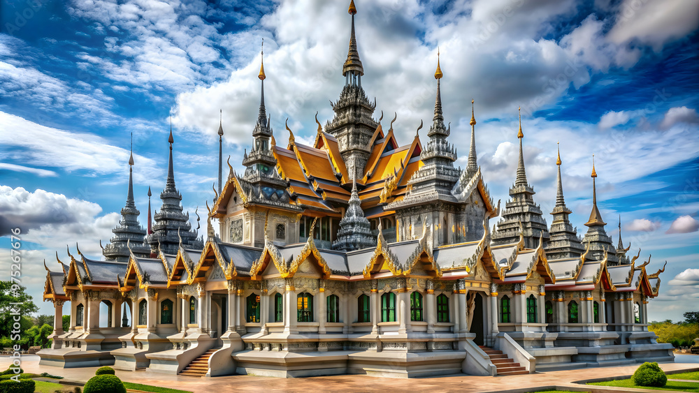 Naklejka premium Unique metal castle-like temple in Bangkok with intricate design and 37 iron spires, Wat Ratchanatdaram, Loha Prasat