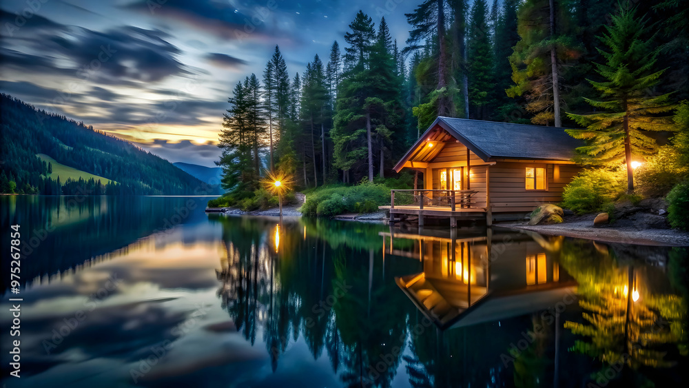 Fototapeta premium Cozy cabin nestled on the shore of a calm lake at night , cabin, lake, shore, nighttime, peaceful, serene, tranquil, reflection