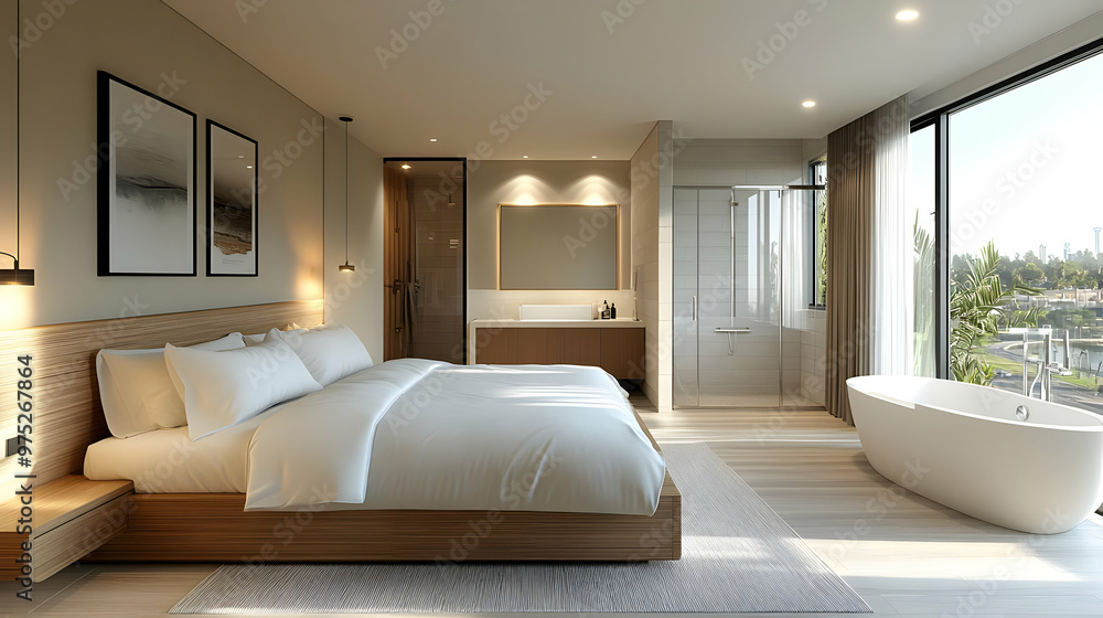 A modern bedroom with a large bed, a bathtub, and a large window overlooking a city view. A modern bedroom with a large bed, a bathtub, and a large window overlooking a city view.