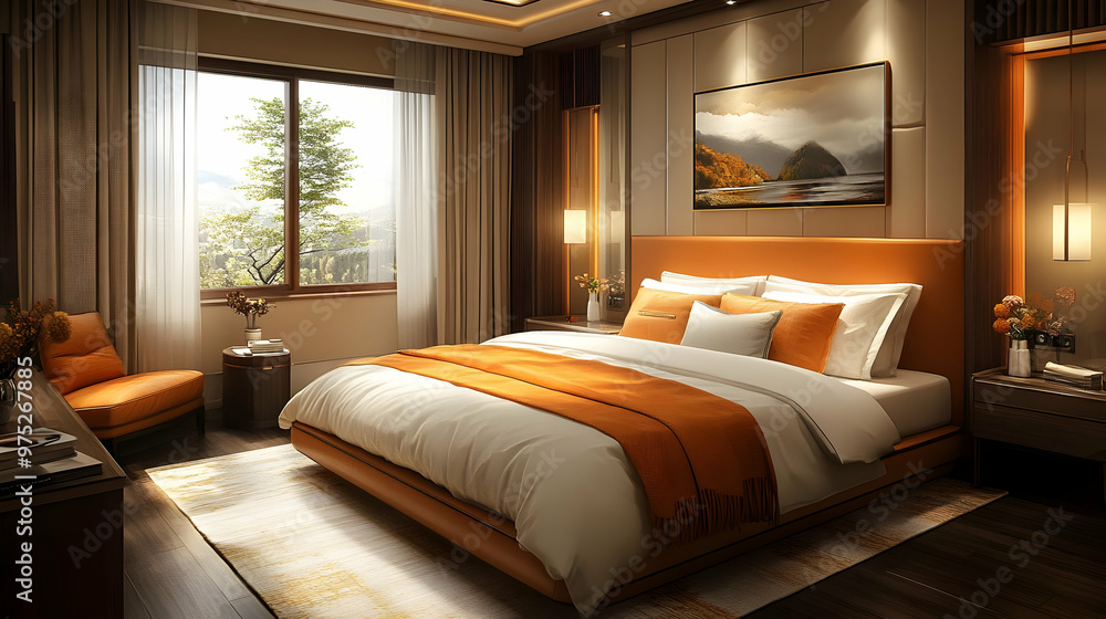 A modern bedroom with a large bed, a bedside table, a chair, and a window overlooking a view of nature. A modern bedroom with a large bed, a bedside table, a chair, and a window overlooking a view of nature.