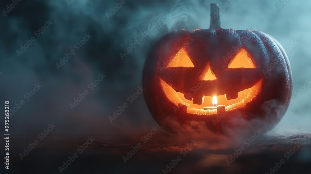 Naklejka premium A spooky Halloween pumpkin glowing in the dark with mysterious fog, perfect for festive autumn decor and celebrations.