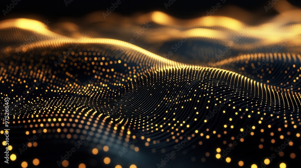 Abstract wave pattern with glowing golden dots, creating a mesmerizing visual effect in a dark background. Abstract wave pattern with glowing golden dots, creating a mesmerizing visual effect in a dark background.
