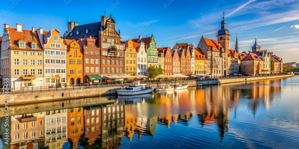 Fototapeta premium Sunny day in Gdansk overlooking the waterfront , Gdansk, Poland, sunny, city, architecture, old town, waterfront, historic