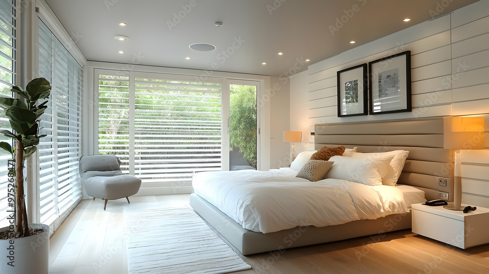 Fototapeta premium A modern bedroom with a large bed, a comfortable armchair, and large windows