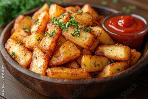 Delicioso prato com batata frita crocante, ketchup caseiro e maionese fresca como acompanhamento