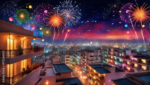 fireworks over the city new year, Diwali festival photo