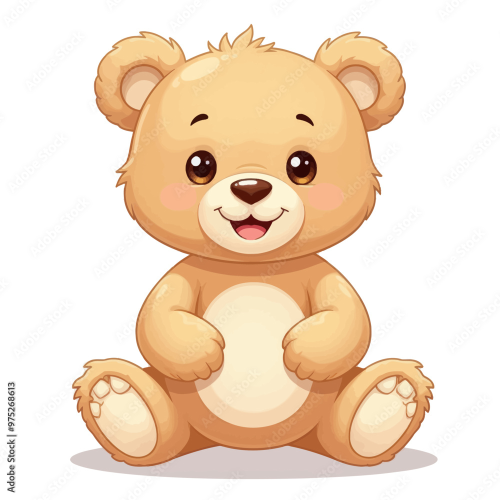 Adorable cartoon teddy bear with big smile and paws up, sitting on white background Adorable cartoon teddy bear with big smile and paws up, sitting on white background