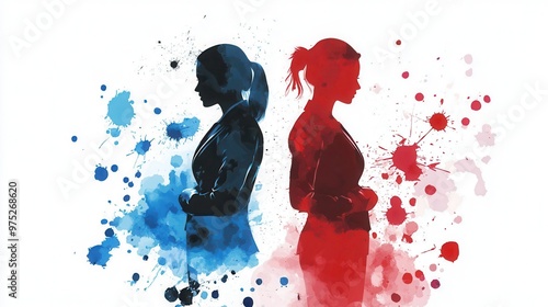 Dynamic silhouette of two women representing contrasting emotions, enhanced with colorful splashes of paint.