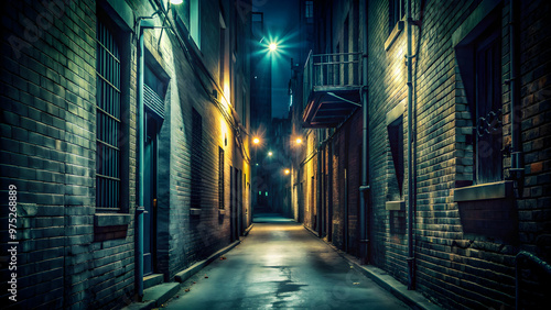 Dark, eerie alleyway with shadows lurking, evoking fear and danger, alley, shadows, ominous, fear, danger, dark