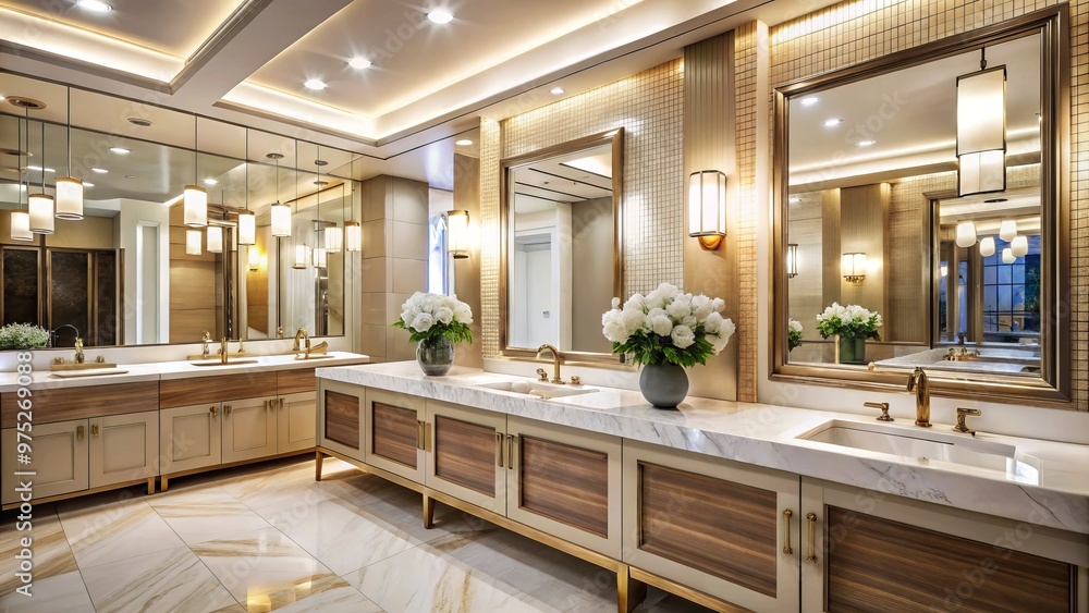 Soft lighting illuminates a spacious women's bathroom with sleek fixtures, expansive mirrors, and polished marble Soft lighting illuminates a spacious women's bathroom with sleek fixtures, expansive mirrors, and polished marble