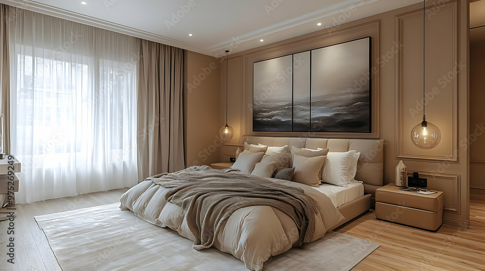 A modern bedroom with a large bed, a rug, a painting, and a bedside table. A modern bedroom with a large bed, a rug, a painting, and a bedside table.