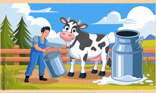Farmer milking a cow on a farm.