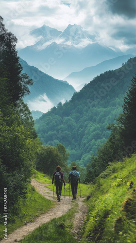 Hikers trekking on a mountain trail, surrounded by lush greenery, bright natural daylight, focus on adventure and exploration, expansive view of distant peaks and forests, active and inspiring scene