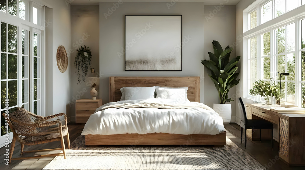 A modern bedroom with a large bed, a wicker chair, a desk, and a large window. A modern bedroom with a large bed, a wicker chair, a desk, and a large window.
