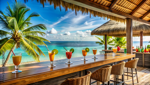 Fototapeta Naklejka Na Ścianę i Meble -  Tropical beach bar with refreshing cocktails and ocean views , beach, tropical, bar, cocktails, ocean, breeze, vibes