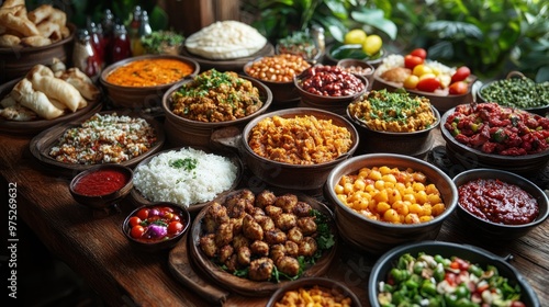 A vibrant spread of diverse dishes on a wooden table.