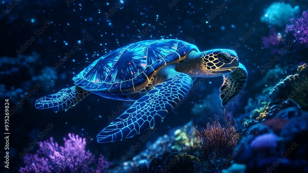A sea turtle, radiating bioluminescent light, glides over vibrant coral reefs that glow brightly in the deep ocean, creating a magical underwater scene A sea turtle, radiating bioluminescent light, glides over vibrant coral reefs that glow brightly in the deep ocean, creating a magical underwater scene