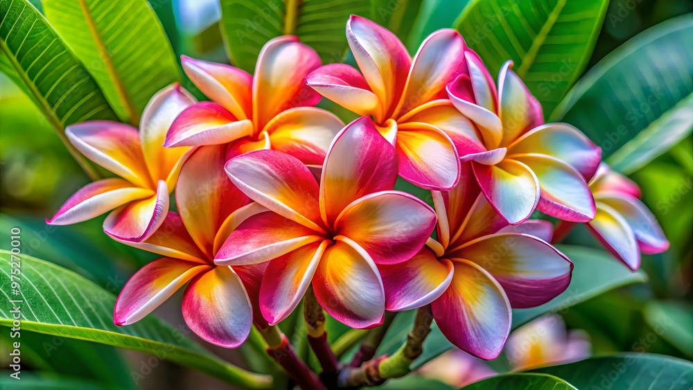 The camera zooms in on the vibrant petals and plumes of a blooming plumeria flower, delicate and exquisite The camera zooms in on the vibrant petals and plumes of a blooming plumeria flower, delicate and exquisite