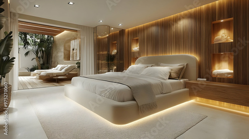 A modern bedroom with a large bed, a wooden wall, and a view of a patio with lounge chairs.