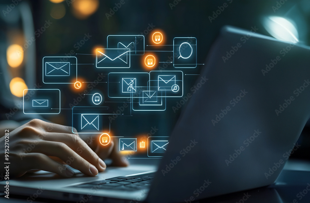 hand pushing a button on a laptop , Email notification management concept.Checking Digital mail on laptop hand pushing a button on a laptop , Email notification management concept.Checking Digital mail on laptop