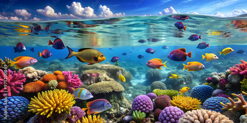 Naklejka premium Coral reef with a variety of colorful fish in crystal clear ocean water, coral reef, underwater, tropical