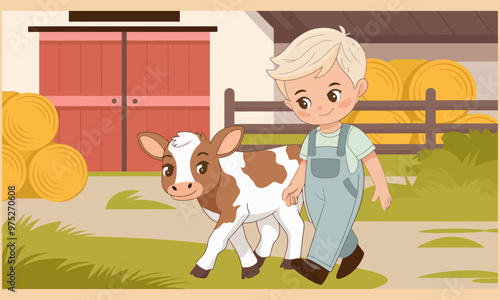 Boy walking with a calf in a farm setting.