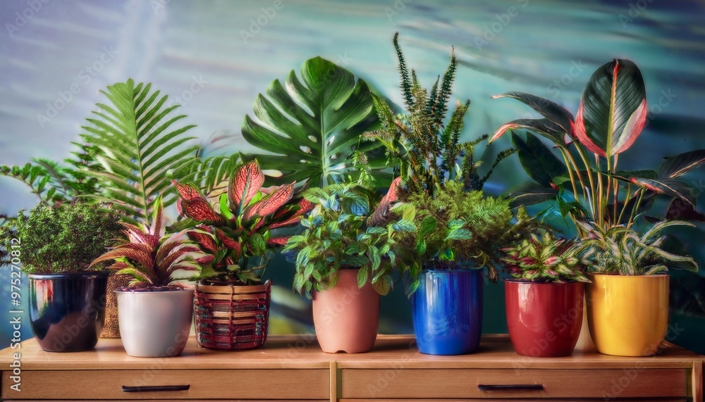 Eclectic houseplant arrangement with a mix of colorful foliage plants in a vibrant home office Eclectic houseplant arrangement with a mix of colorful foliage plants in a vibrant home office