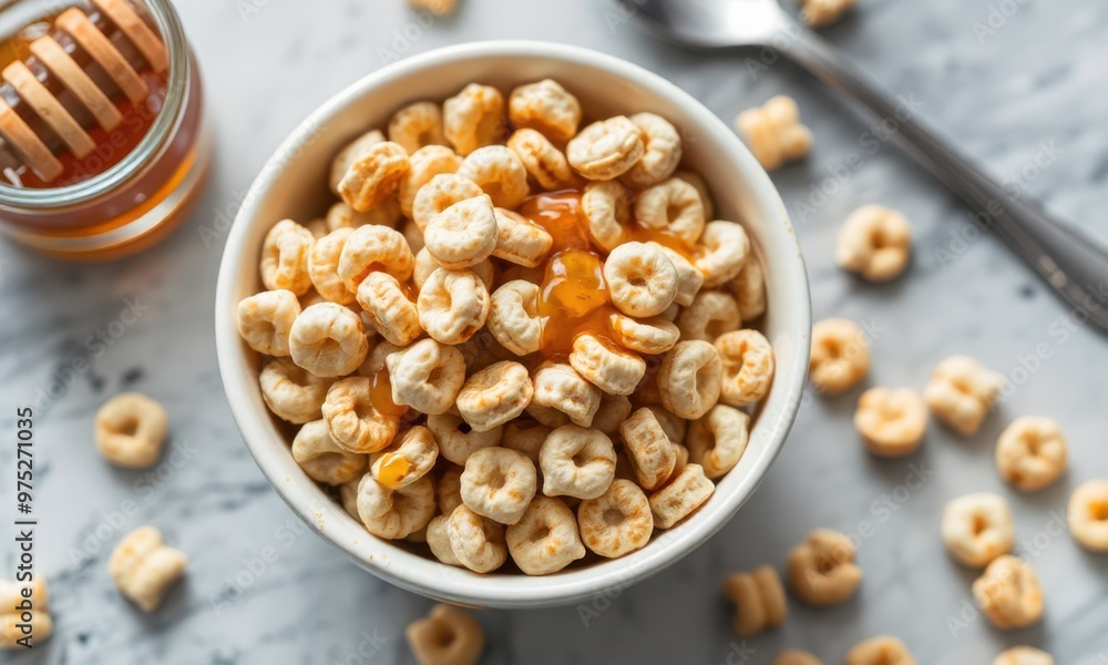 Close-up view of a breakfast scene featuring a bowl of honey-flavored cereal, with extra pieces artfully arranged on the surrounding surface. Close-up view of a breakfast scene featuring a bowl of honey-flavored cereal, with extra pieces artfully arranged on the surrounding surface.