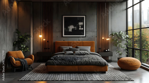 A modern bedroom with a large bed, two nightstands, a large window, and a cozy armchair.