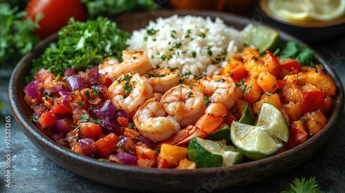 A vibrant plate of shrimp, rice, and mixed vegetables.