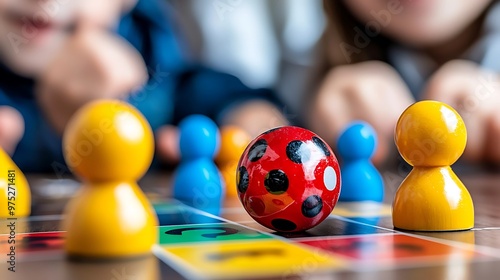 A colorful ladybug game piece rests on the board, poised for the next playful move. photo