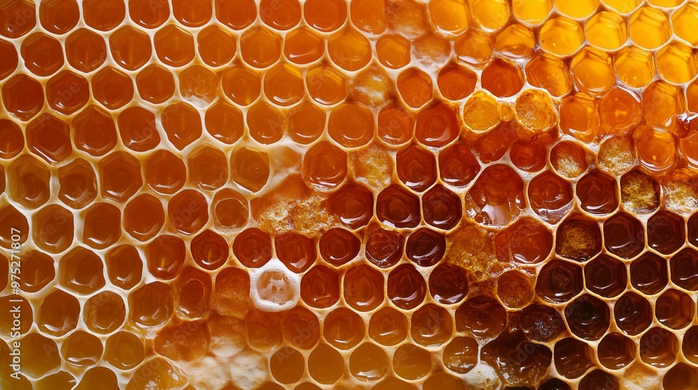 Close-up view of honeycomb filled with rich golden honey, intricate hexagonal cells. AI generated Close-up view of honeycomb filled with rich golden honey, intricate hexagonal cells. AI generated