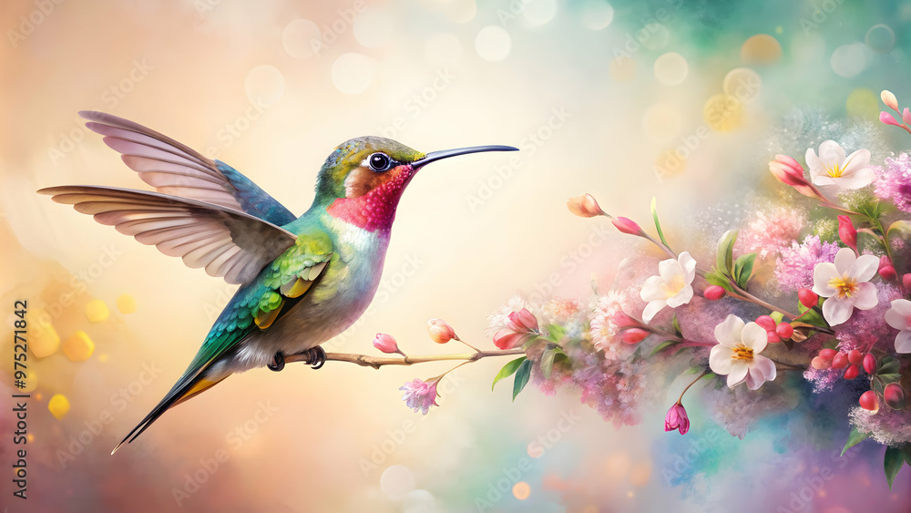 Close-up of a little hummingbird with flowers painted on a light background abstract painting, hummingbird Close-up of a little hummingbird with flowers painted on a light background abstract painting, hummingbird