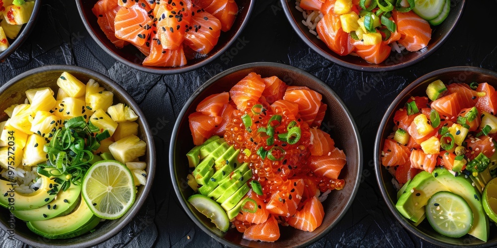 Bird's-eye perspective of Poke Bowl dishes, a classic dish incorporating healthy and organic elements, showcasing marinated salmon, pineapple, and avocado. Bird's-eye perspective of Poke Bowl dishes, a classic dish incorporating healthy and organic elements, showcasing marinated salmon, pineapple, and avocado.
