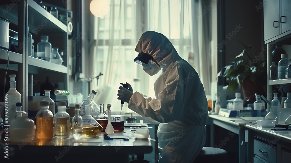 Using the chemicals a lab worker conduct a tiny bacteriological examination Using the chemicals a lab worker conduct a tiny bacteriological examination