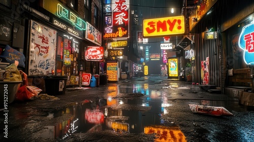 Neon signs illuminate a wet alleyway in a bustling Asian city.