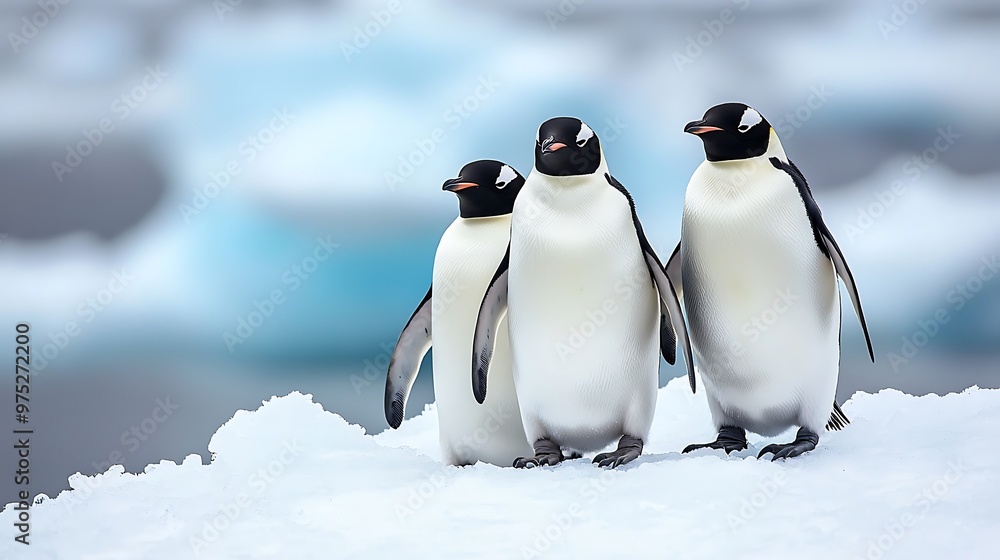 Fototapeta premium Three emperor penguins stand tall on the icy expanse of Antarctica, their silhouettes against the snow.