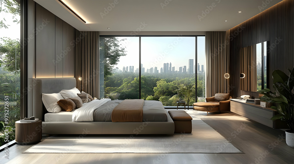 A modern bedroom with a large window overlooking a city skyline, with a plush bed, a bedside table, a comfortable chair, and a rug on the wooden floor. A modern bedroom with a large window overlooking a city skyline, with a plush bed, a bedside table, a comfortable chair, and a rug on the wooden floor.