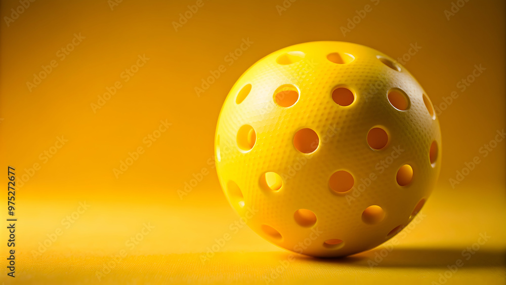 Close-up of a yellow pickleball with holes on a yellow background, pickleball, sport, equipment, game, yellow, texture, round Close-up of a yellow pickleball with holes on a yellow background, pickleball, sport, equipment, game, yellow, texture, round