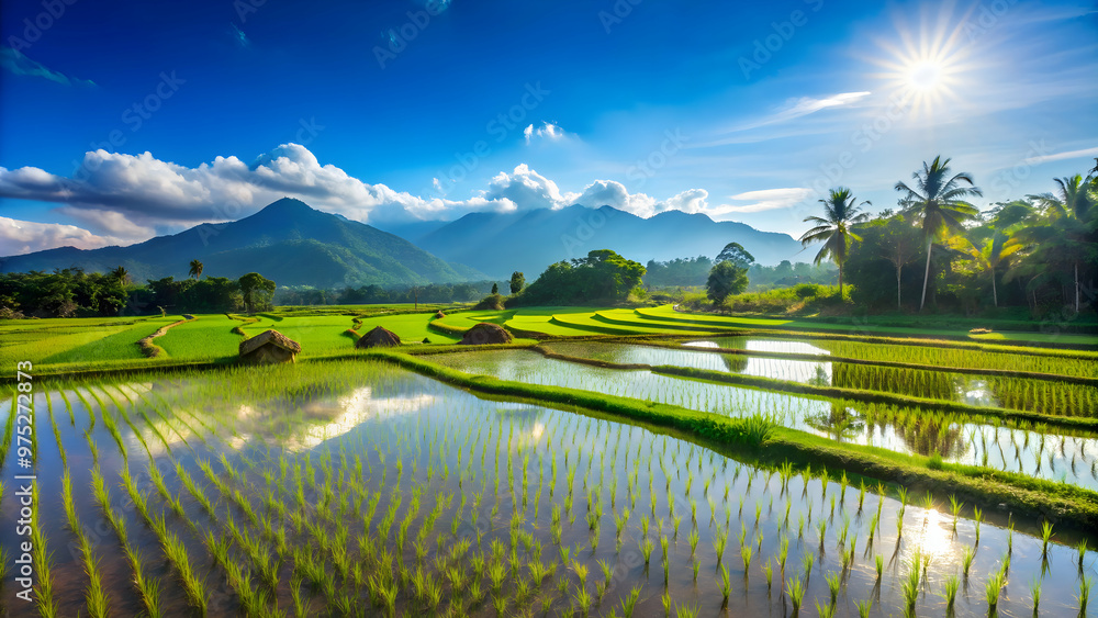 Obraz premium Scenic view of lush rice paddies under a clear blue sky, agriculture, farming, rural, landscape, tranquil, serene, fields