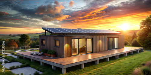 Sustainable modular home with solar panels on the roof at sunset, sustainable, modular, home