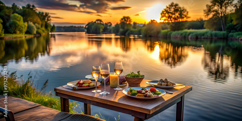 Table set with food and drinks next to a tranquil river at dusk, Riverside, evening, twilight, dining, relaxation