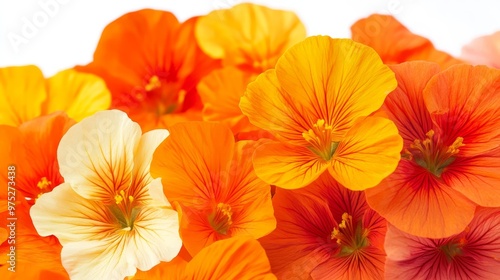 Close-up of Vibrant Orange and Yellow Nasturtium Petals, White Background, Floral Photography, Flowers, Nature, Macro, Close-up