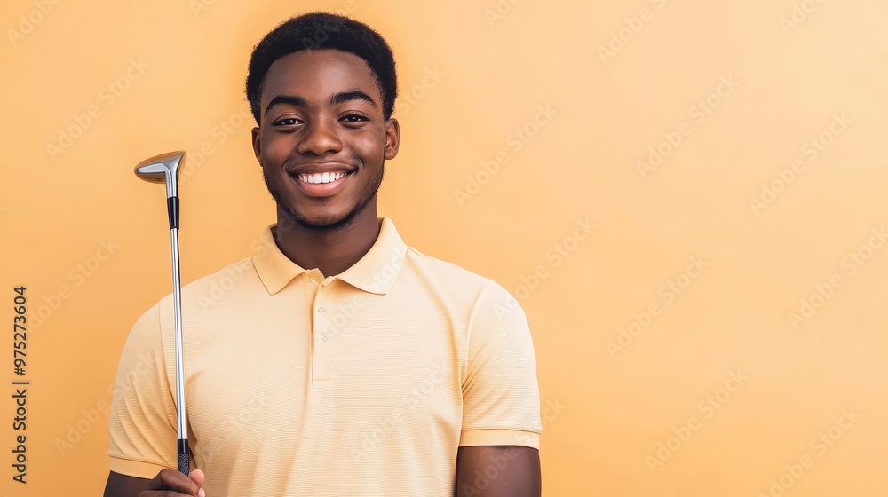 Confident Young Golfer with Bright Smile Against Orange Background Confident Young Golfer with Bright Smile Against Orange Background