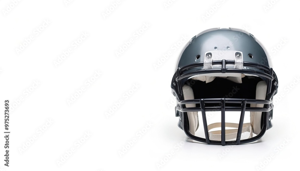 Grey Football helmet is a piece of head protective equipment from hard hits, concussions, injuries used mainly in American football and Canadian football. isolated on white background with copy space Grey Football helmet is a piece of head protective equipment from hard hits, concussions, injuries used mainly in American football and Canadian football. isolated on white background with copy space